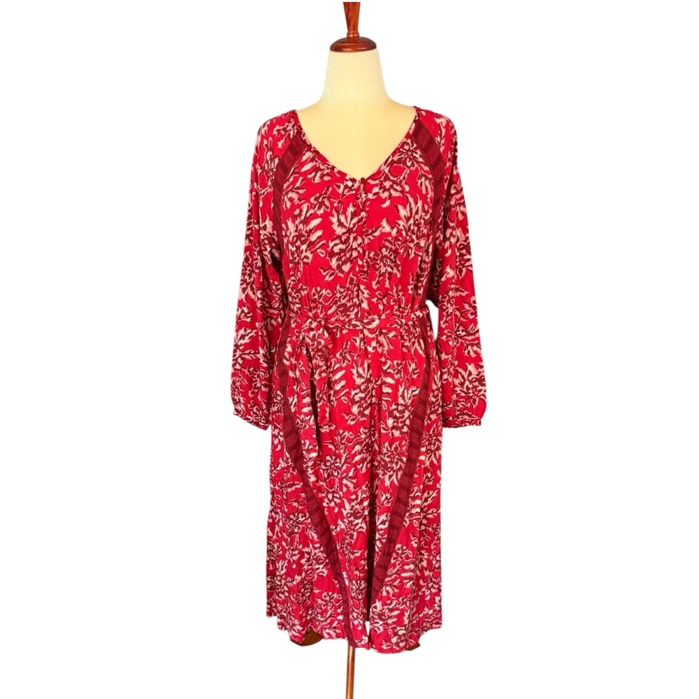 Knox Rose Red Print Boho Maxi Dress Size Medium Bishop Sleeves Tie Belt